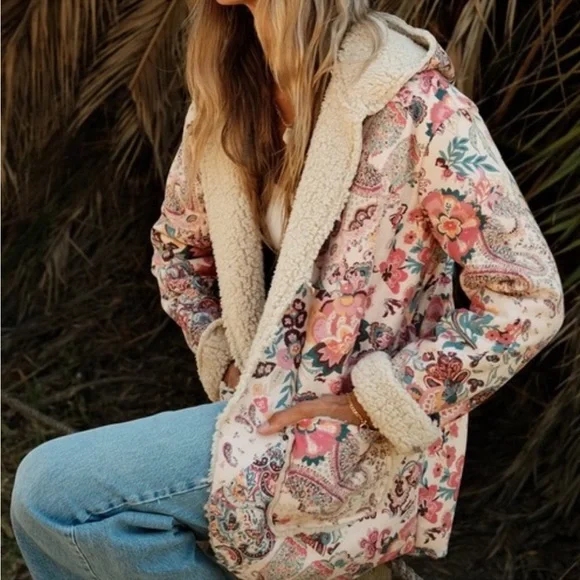 Flower cardigan hoodie sweater pocket Floral Sherpa-Lined Jacket - Picture 2 of 2